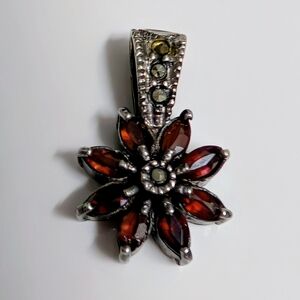 Vintage 925 Sterling Silver Marcasite and Garnets Flower Pendant